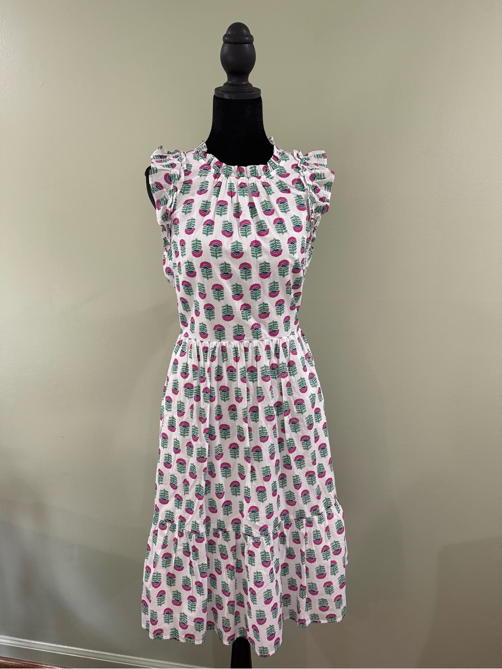 J. Crew Factory White Midi Dress with Pink & Green Floral Motif